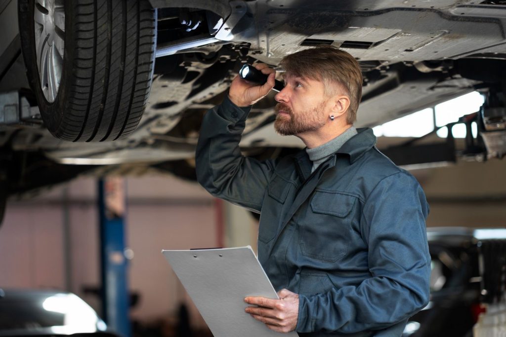 Mechanic conducting third party inspection under a lifted vehicle, using flashlight and clipboard for detailed assessment.