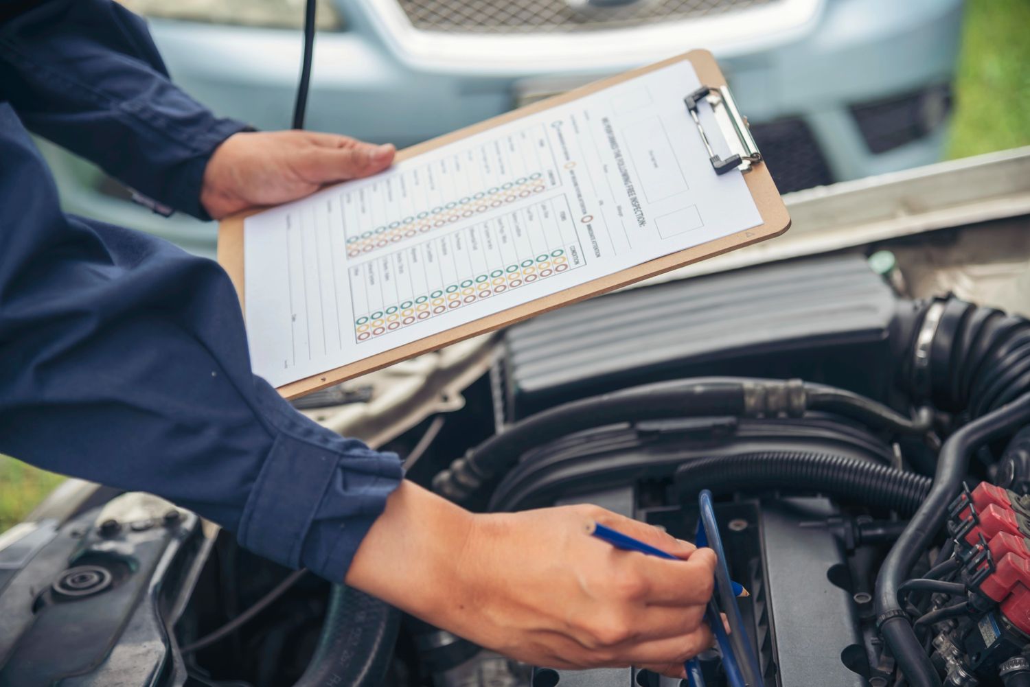 A mechanic performing a third party inspection Houston on a car engine with a checklist clipboard.
