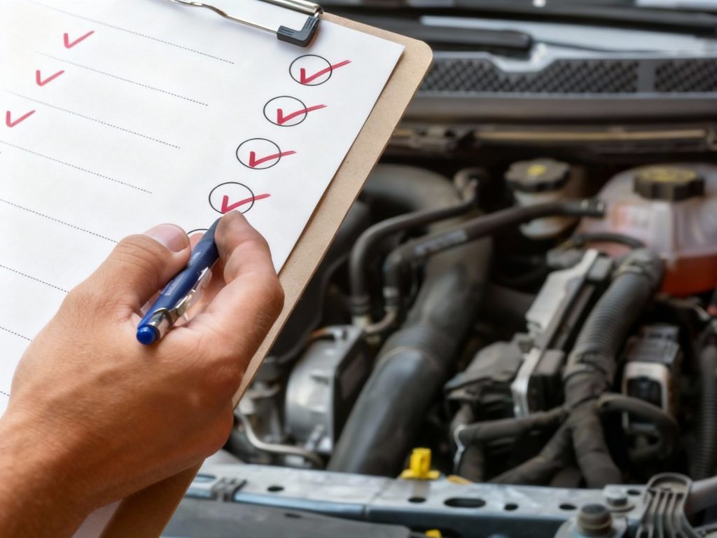 Mechanic checking off a list on a clipboard during a mobile pre purchase inspection in Houston, ensuring top vehicle condition for buyers.