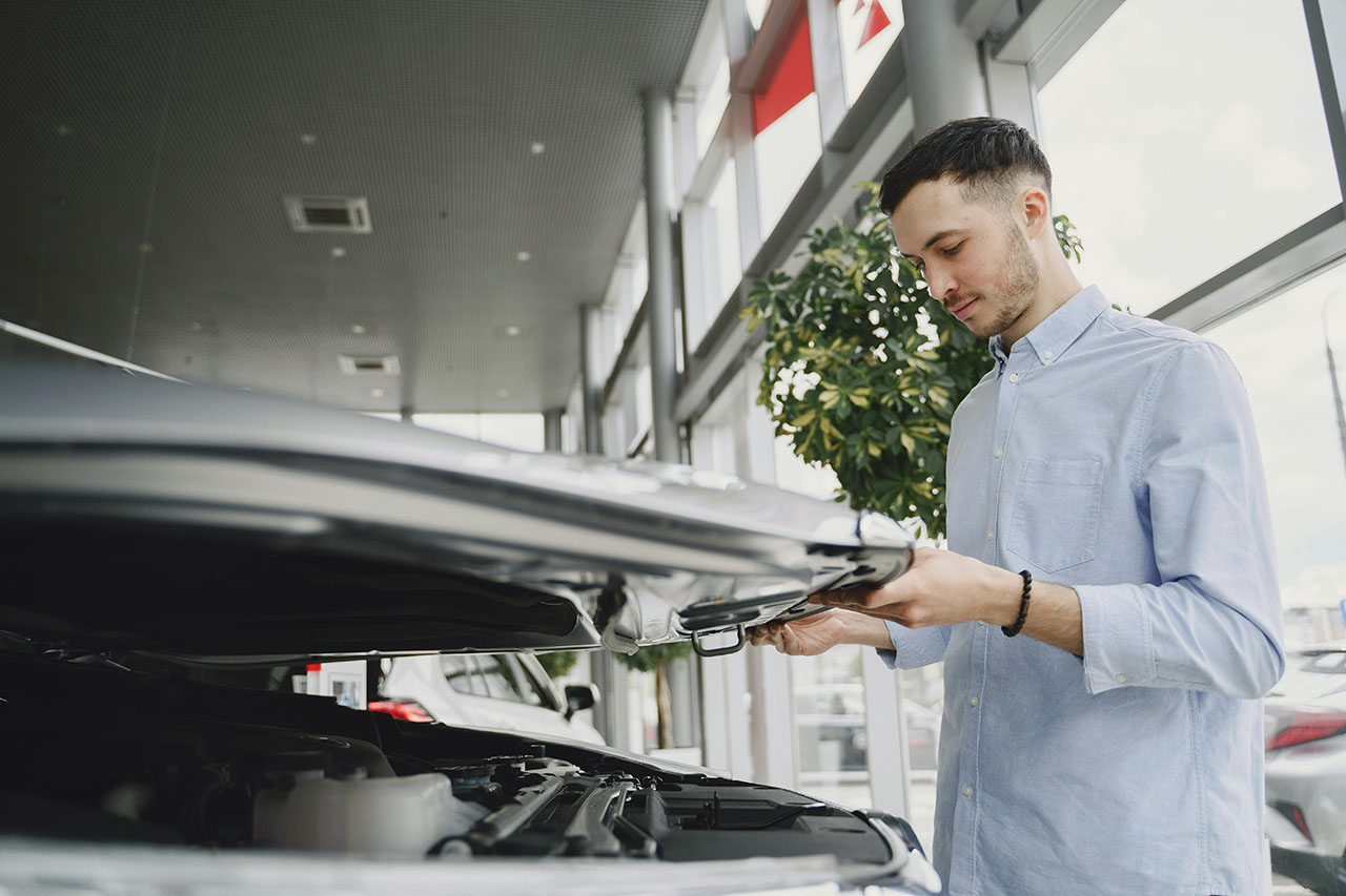Expert mechanic to check used car before buying while examining the front hood inside a modern vehicle showroom.