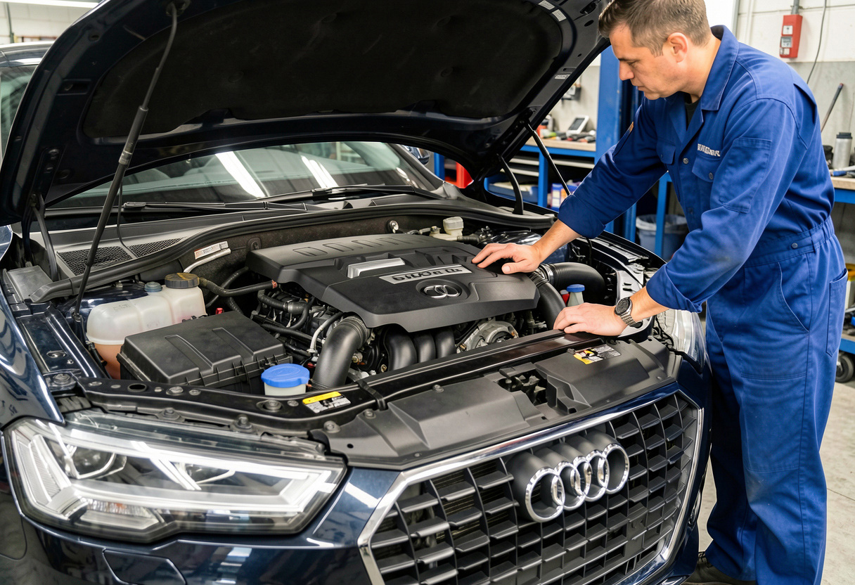 Professional Audi inspection Houston technician using a multimeter to test battery voltage and electrical systems.