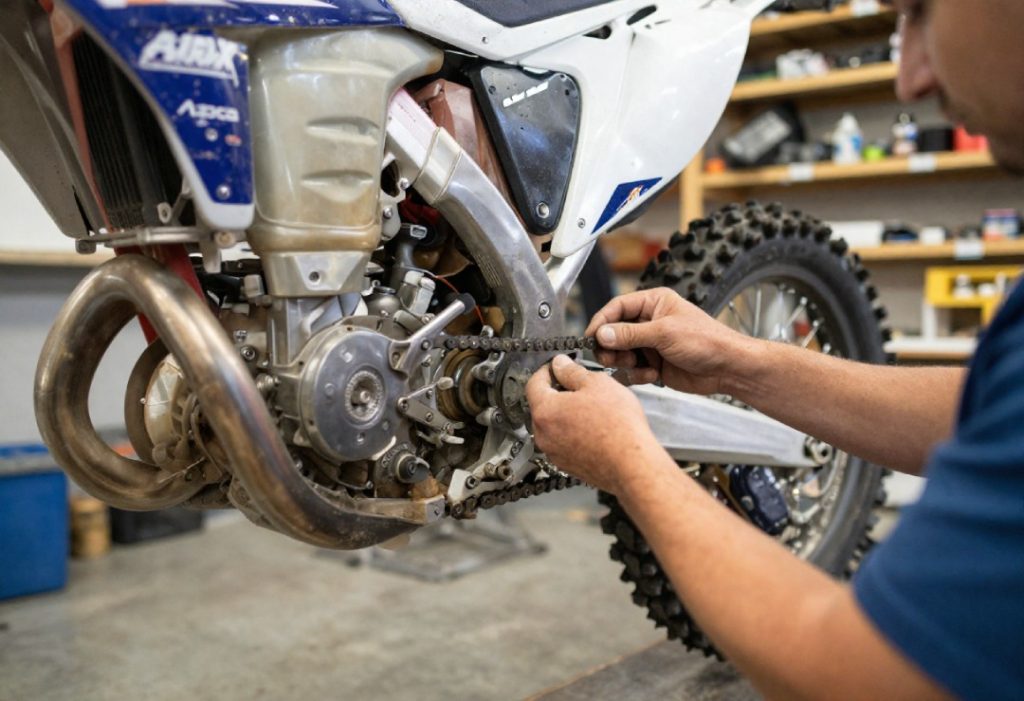 Mechanics performing a motorcycle inspection Houston at a dirt bike shop while reviewing a service maintenance list.