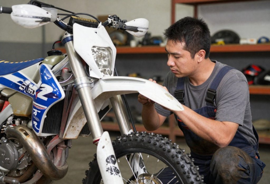 Professional motorcycle inspection Houston specialist examining the engine and frame of a red sports motorcycle.