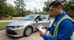 An inspector uses a tablet for a modern, digital mobile auto inspection Houston.