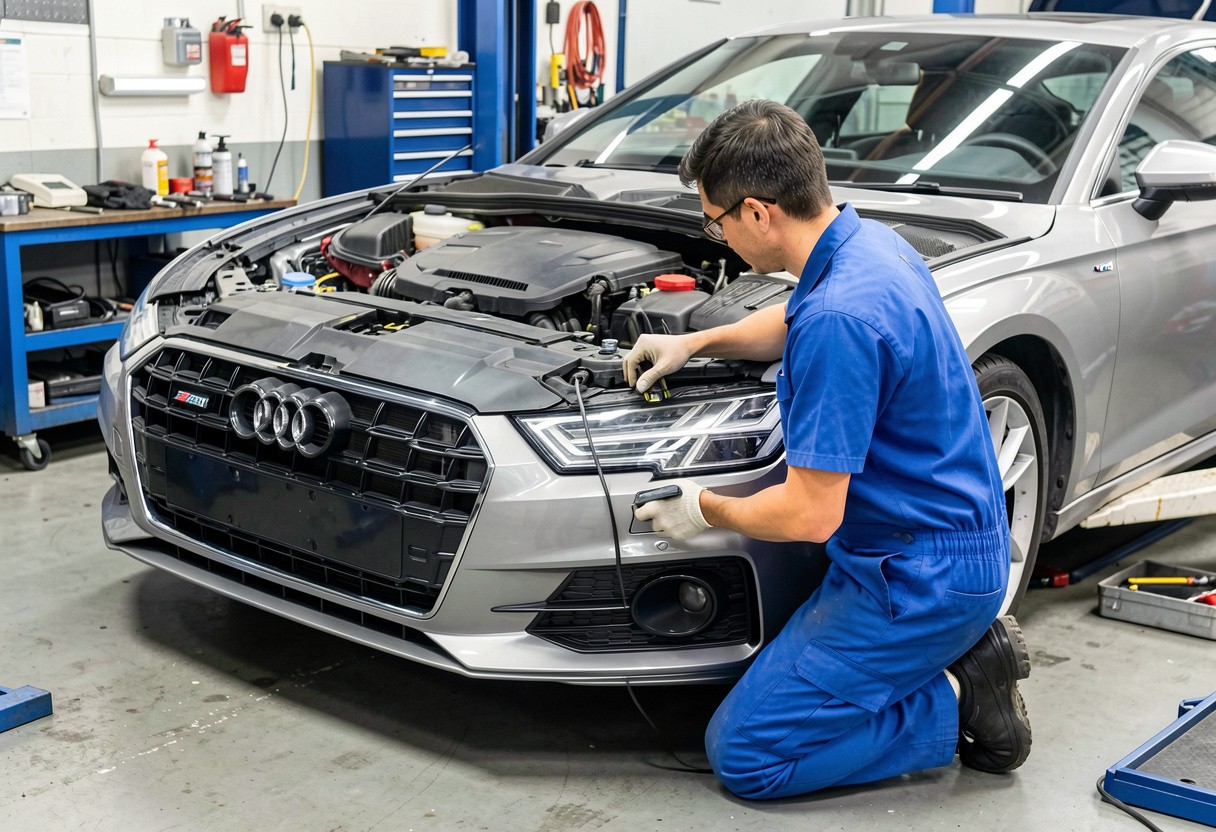 A professional mechanic performing a headlight diagnostic test during a detailed third-party-Audi-inspection.