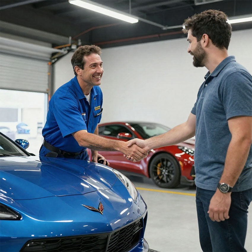 A happy buyer shaking hands with an expert after a successful Corvette Pre Purchase Inspection Houston service.