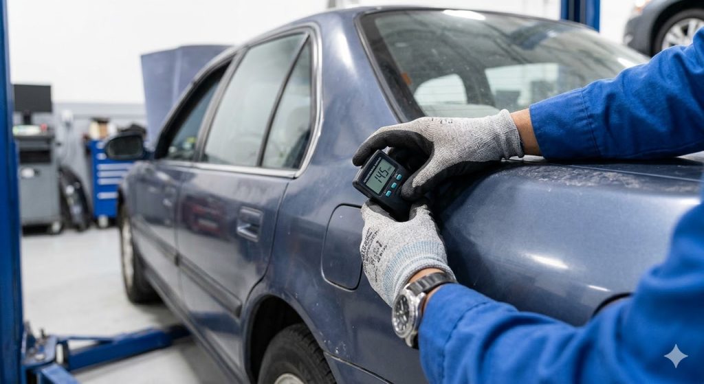 Gloved hands use a paint thickness gauge to detect accident damage during a mobile auto inspection Houston.