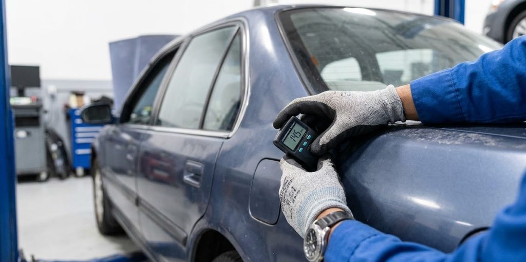 Gloved hands use a paint thickness gauge to detect accident damage during a mobile auto inspection Houston.