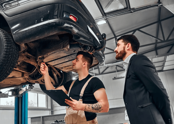 Expert technician performing an undercarriage diagnostic as part of a mobile auto inspection Houston for a vehicle.