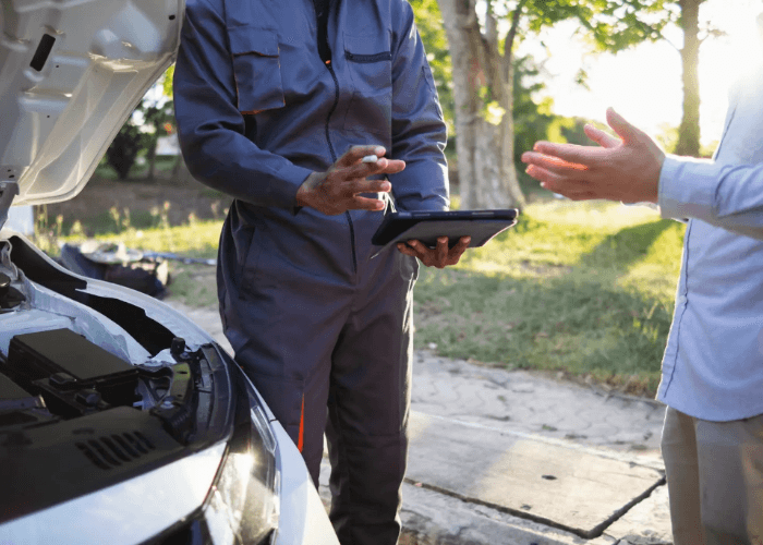 Mechanic showing a digital third party vehicle inspection before purchase report on a tablet to a car buyer outdoors.