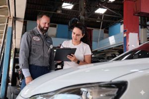 Auto experts performing a certified pre owned car inspection service on a white vehicle in a spacious garage.