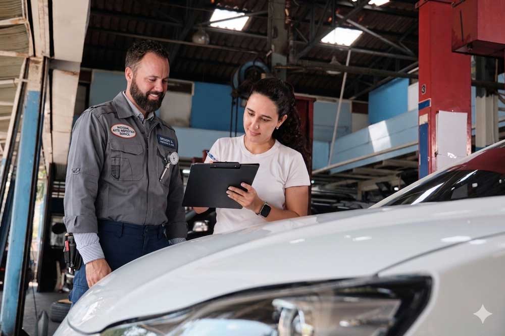 Auto experts performing a certified pre owned car inspection service on a white vehicle in a spacious garage.