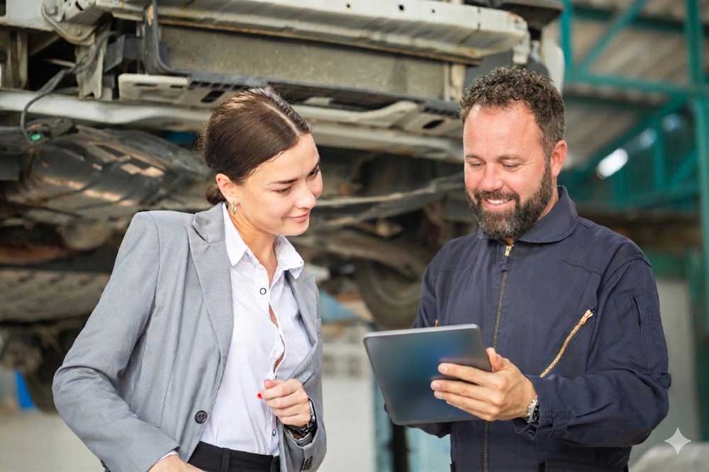A customer and mechanic discussing a certified pre owned car inspection service using a tablet in an auto shop.