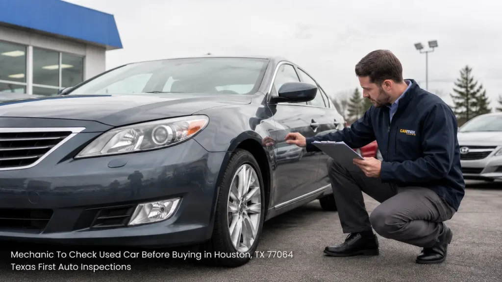 An expert mechanic to check used car before buying inspects the side body panels and front fender of a gray sedan.