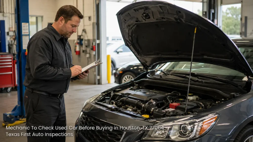 A certified mechanic to check used car before buying inspects the open engine bay components inside a garage.
