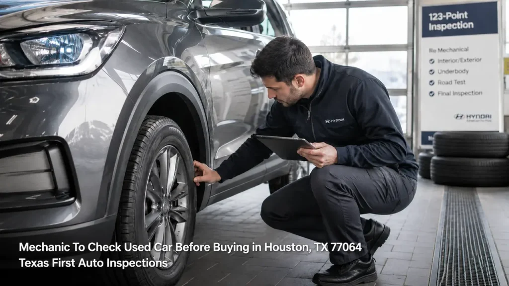 Hiring a mechanic to check used car before buying to inspect tires, wheels, and brakes using a digital tablet.