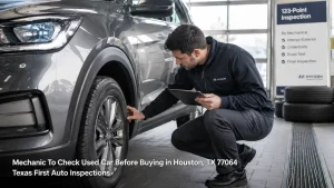 Hiring a mechanic to check used car before buying to inspect tires, wheels, and brakes using a digital tablet.