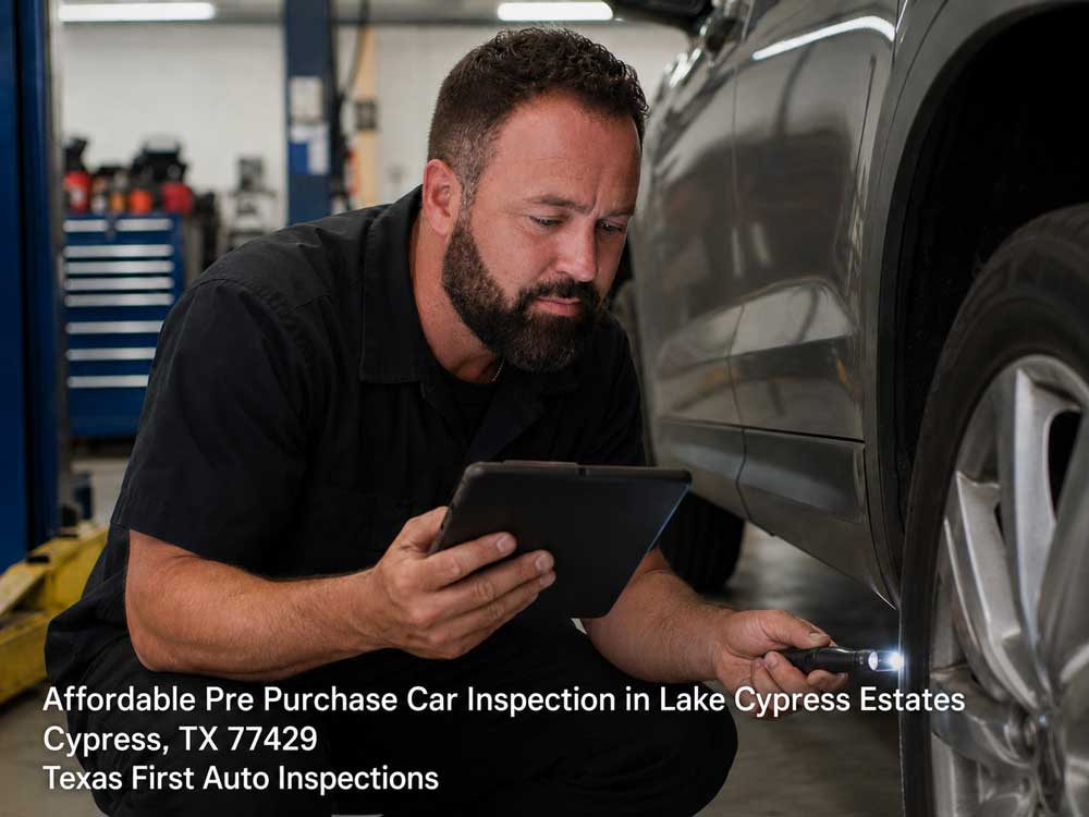 A Texas mechanic uses a tablet and light for an affordable pre purchase car inspection in Lake Cypress Estates.