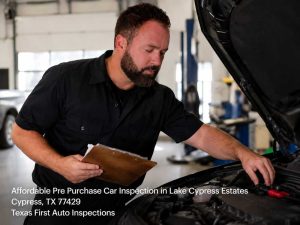 A technician holds a clipboard checking the engine during an affordable pre purchase car inspection in a shop.