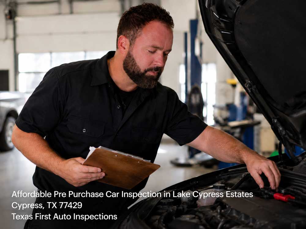 A technician holds a clipboard checking the engine during an affordable pre purchase car inspection in a shop.
