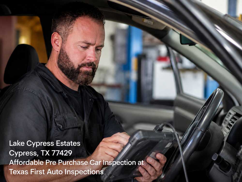 An auto mechanic diagnoses cabin electronics during an affordable pre purchase car inspection in Cypress, Texas.