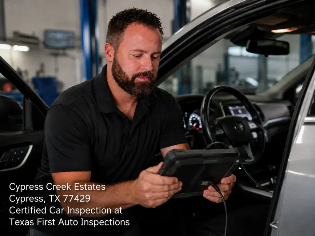 Automotive technician using a digital tablet for a certified car inspection Houston driver vehicle diagnosis. 