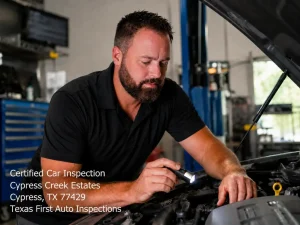 Expert mechanic using a flashlight for a certified car inspection Houston area service under a vehicle hood.