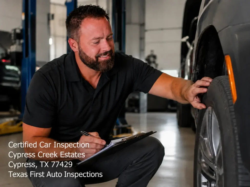 Professional mechanic performing a certified car inspection Houston service while checking a vehicle tire tread. 