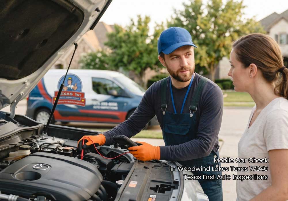 Auto technician testing an engine battery while explaining details to a customer during a mobile car check houston.