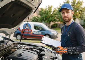 Mechanic holding a clipboard by an open car engine bay during a professional mobile car check houston service.