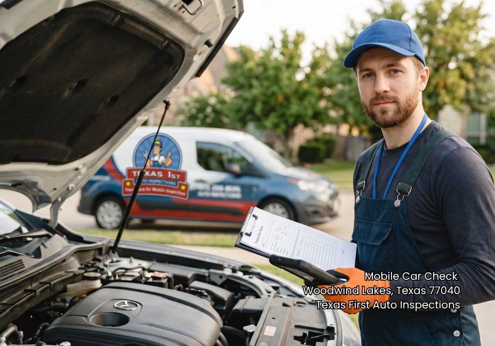 Mechanic holding a clipboard by an open car engine bay during a professional mobile car check houston service.