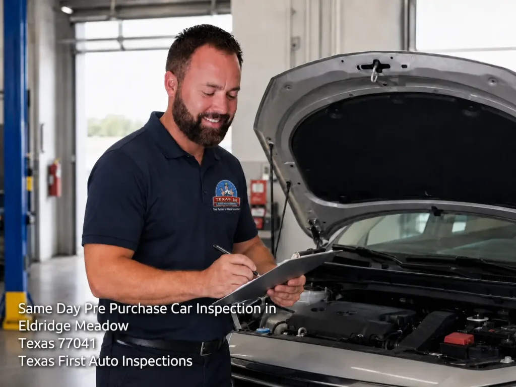 Auto mechanic conducting a same day pre purchase car inspection under the hood at Texas First Auto Inspections 77041.