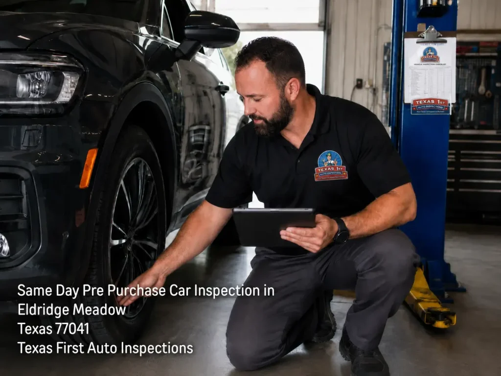 Mechanic doing a same day pre purchase car inspection on tires at Texas First Auto Inspections in Eldridge Meadow TX.