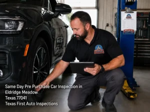 Mechanic doing a same day pre purchase car inspection on tires at Texas First Auto Inspections in Eldridge Meadow TX.