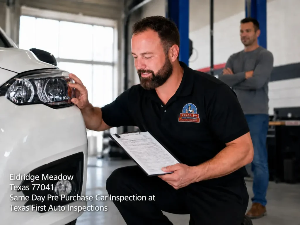 Auto technician offering same day pre purchase car inspection services for headlights at Texas First Auto Inspections.