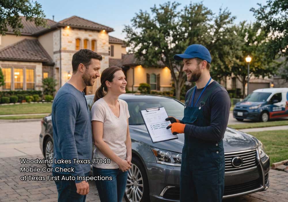 Smiling mechanic showing inspection checklist results to a happy couple after a mobile car check houston service.