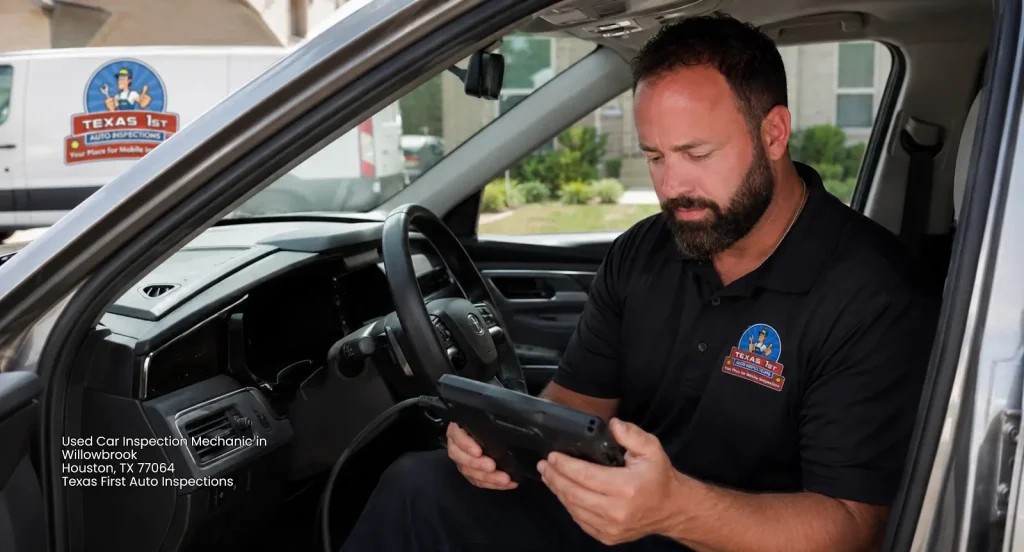 Used car inspection mechanic performing digital diagnostic scan inside vehicle for Texas 1st Auto Inspections.