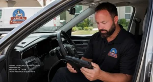 Used car inspection mechanic performing digital diagnostic scan inside vehicle for Texas 1st Auto Inspections.
