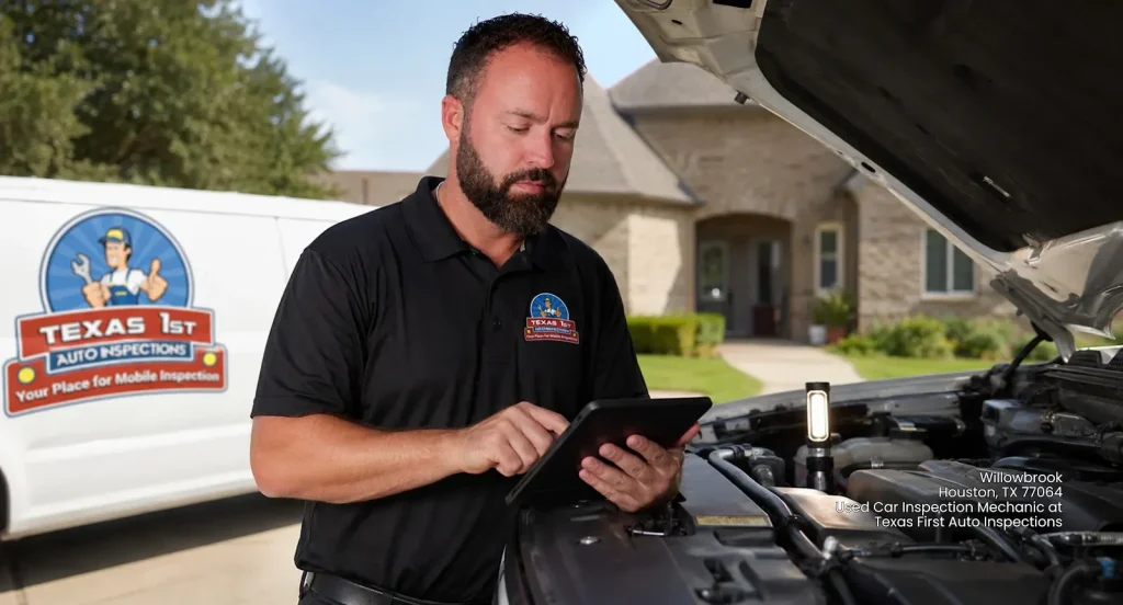 Used car inspection mechanic reviewing diagnostic engine data on tablet with Texas 1st Auto Inspections van nearby. 