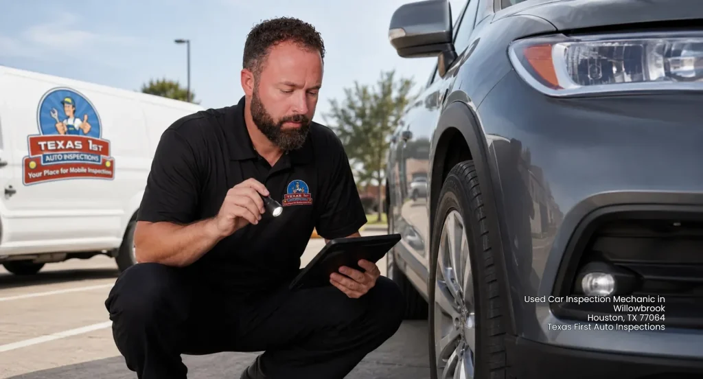Used car inspection mechanic using flashlight and tablet to check tires for Texas 1st Auto Inspections in Houston. 
