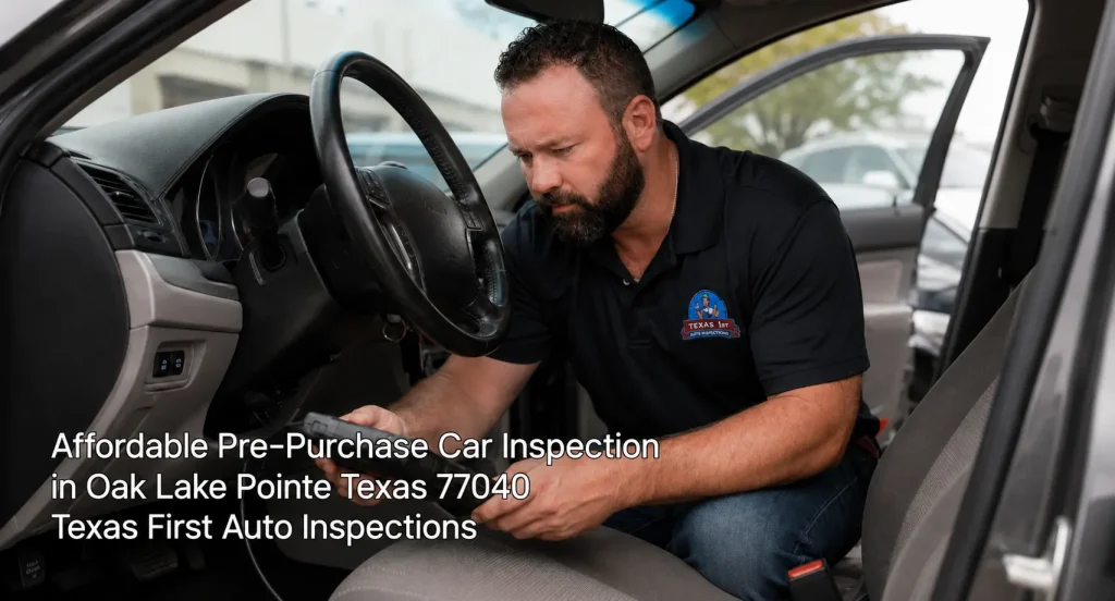 Auto inspector running OBD diagnostic scan inside vehicle for an affordable pre-purchase car inspection service.