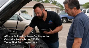 Mechanic showing car engine details to customer during an affordable pre-purchase car inspection in Houston TX.