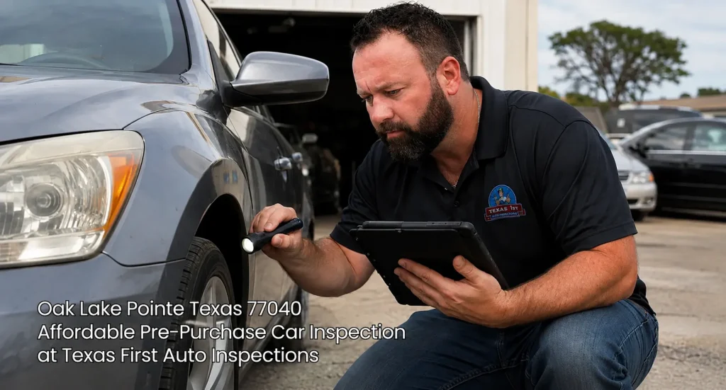 Professional mechanic checking car tire with flashlight during an affordable pre-purchase car inspection in Houston.