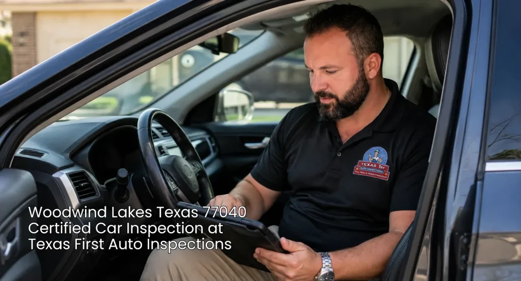 Technician reviewing interior vehicle diagnostic data during a certified car inspection Houston on a digital tablet. 