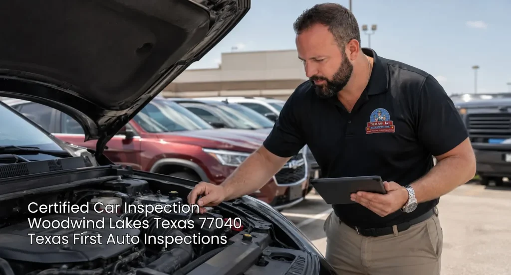 Mechanic examining engine components during a certified car inspection Houston while using a digital diagnostic tablet.