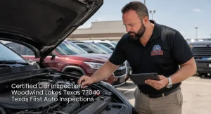 Mechanic examining engine components during a certified car inspection Houston while using a digital diagnostic tablet.