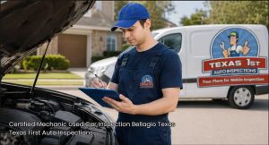 Professional technician taking notes during a certified mechanic used car inspection on a mobile service call.