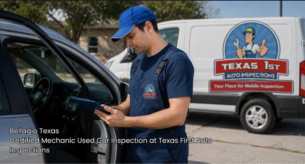 Expert technician filling out a checklist during a certified mechanic used car inspection near his van.