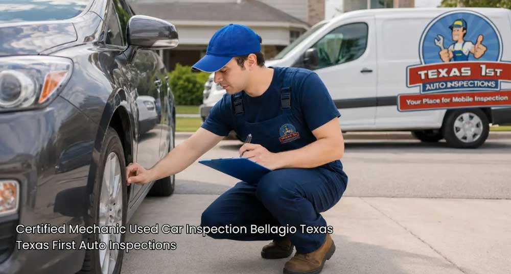 Mobile inspector checking wheel treads for a certified mechanic used car inspection on a client driveway.