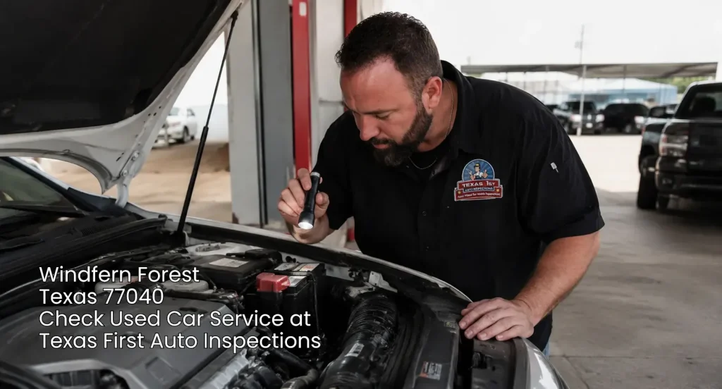 Auto technician using a light under the hood to check used car service Houston vehicles in the Windfern Forest area.
